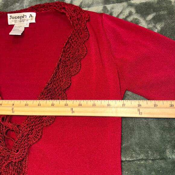 VTG Joseph A Cardigan Sweater Womens S Red Crochet Lace Trim Open Front Coquette - Picture 7 of 9
